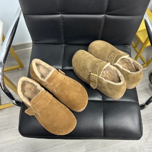 勃肯鞋加绒冬新款Aee/爱意圆头女单鞋懒人牛反绒毛毛鞋里两穿