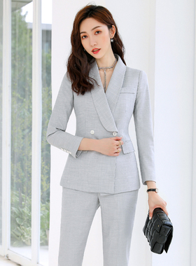 气质女神范时尚工作服职业套装女2026春夏新款灰色青果领西装正装