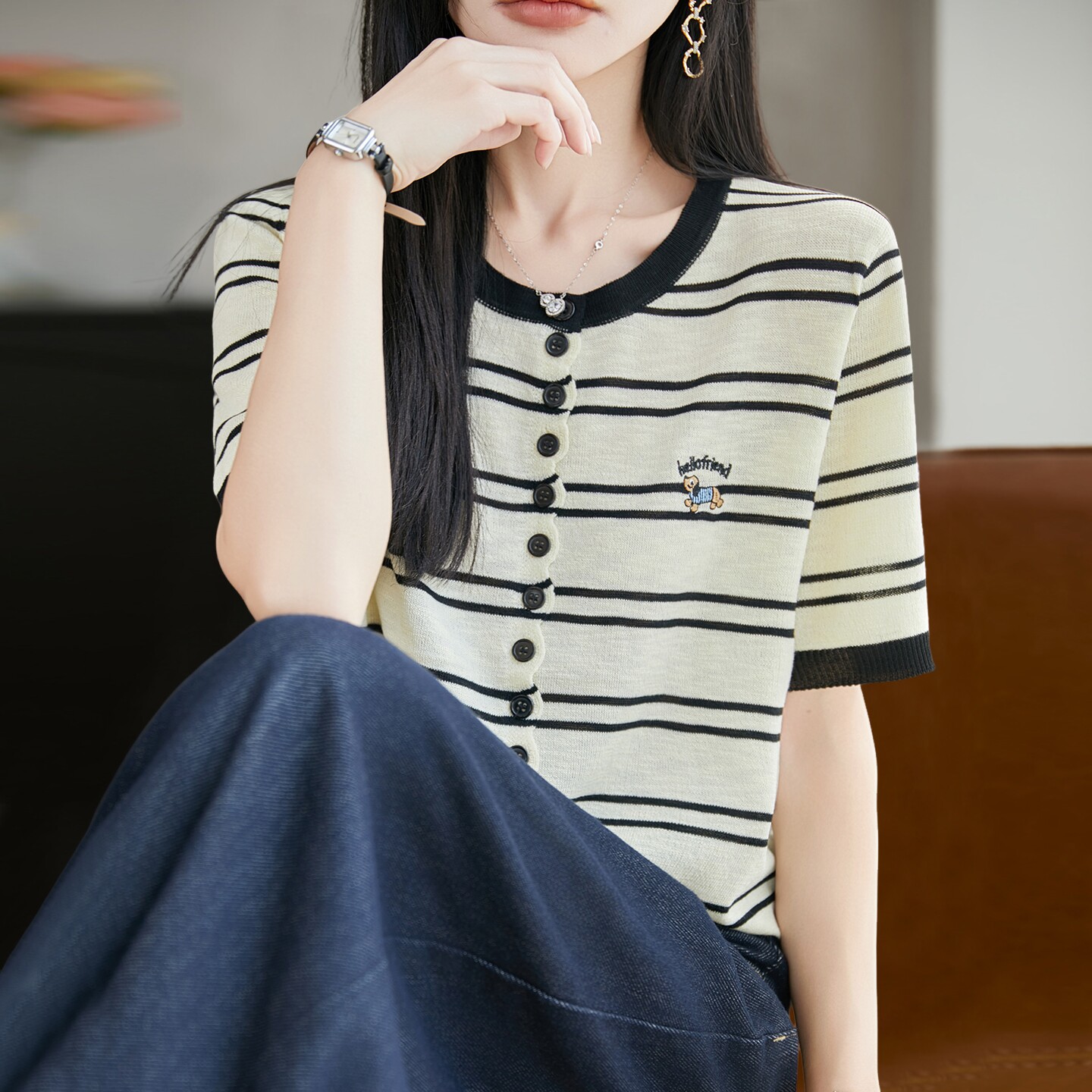 套头新款条纹刺绣针织短袖t恤女夏季薄款冰丝针织衫大码女装上衣