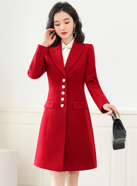 职业装毛呢大衣黑色加厚春秋新款中长款西装外套公务员商务工作服