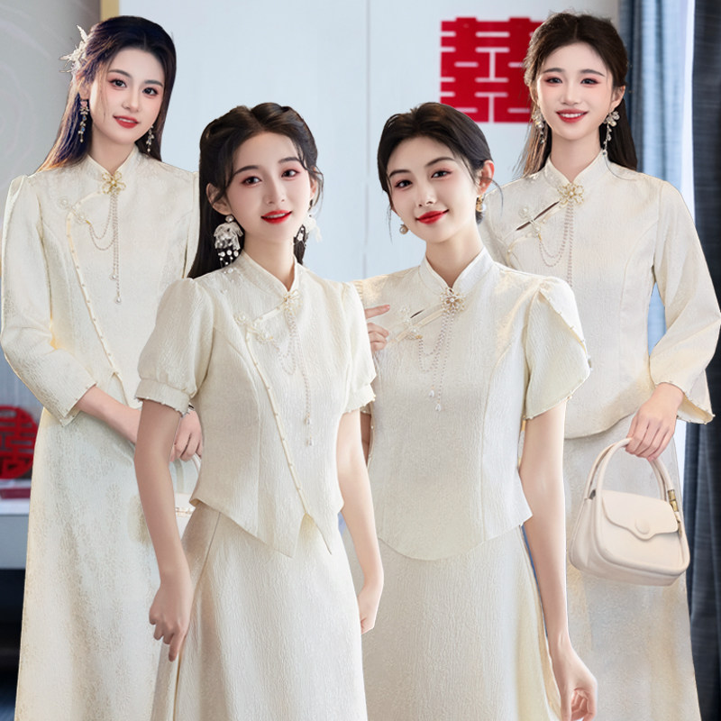 夏季中式缎面旗袍伴娘礼服小个子