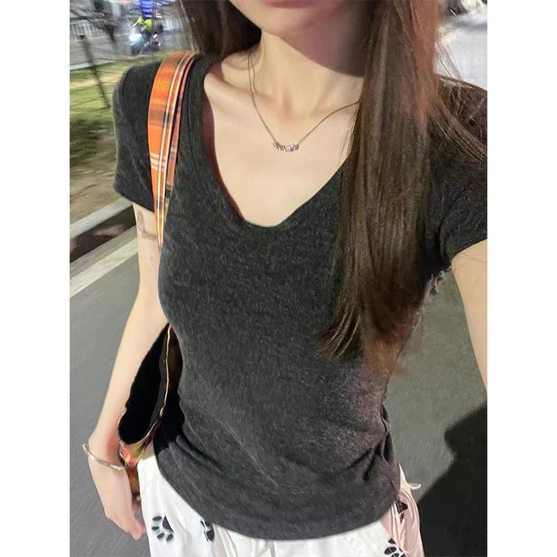 超手感莫代尔棉夏季韩版新款收腰正肩圆领短袖T恤女纯欲风上衣潮