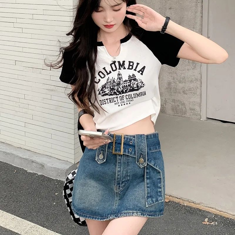 小v领短袖t恤女正肩插肩短款上衣夏季时尚多巴胺甜辣高腰印花打底