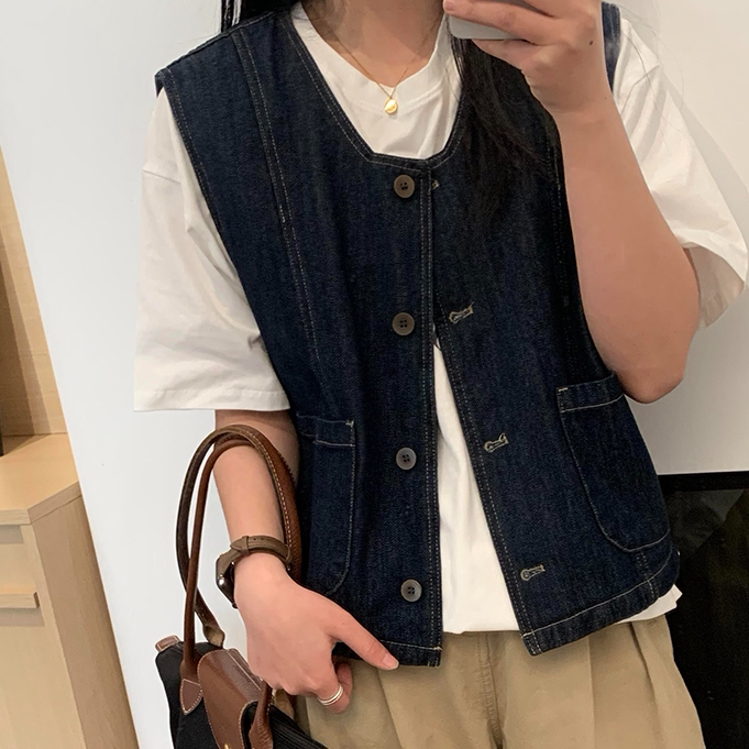 深蓝色圆领双口袋短款马甲背心女装春秋双口袋小外套百搭复古马夹