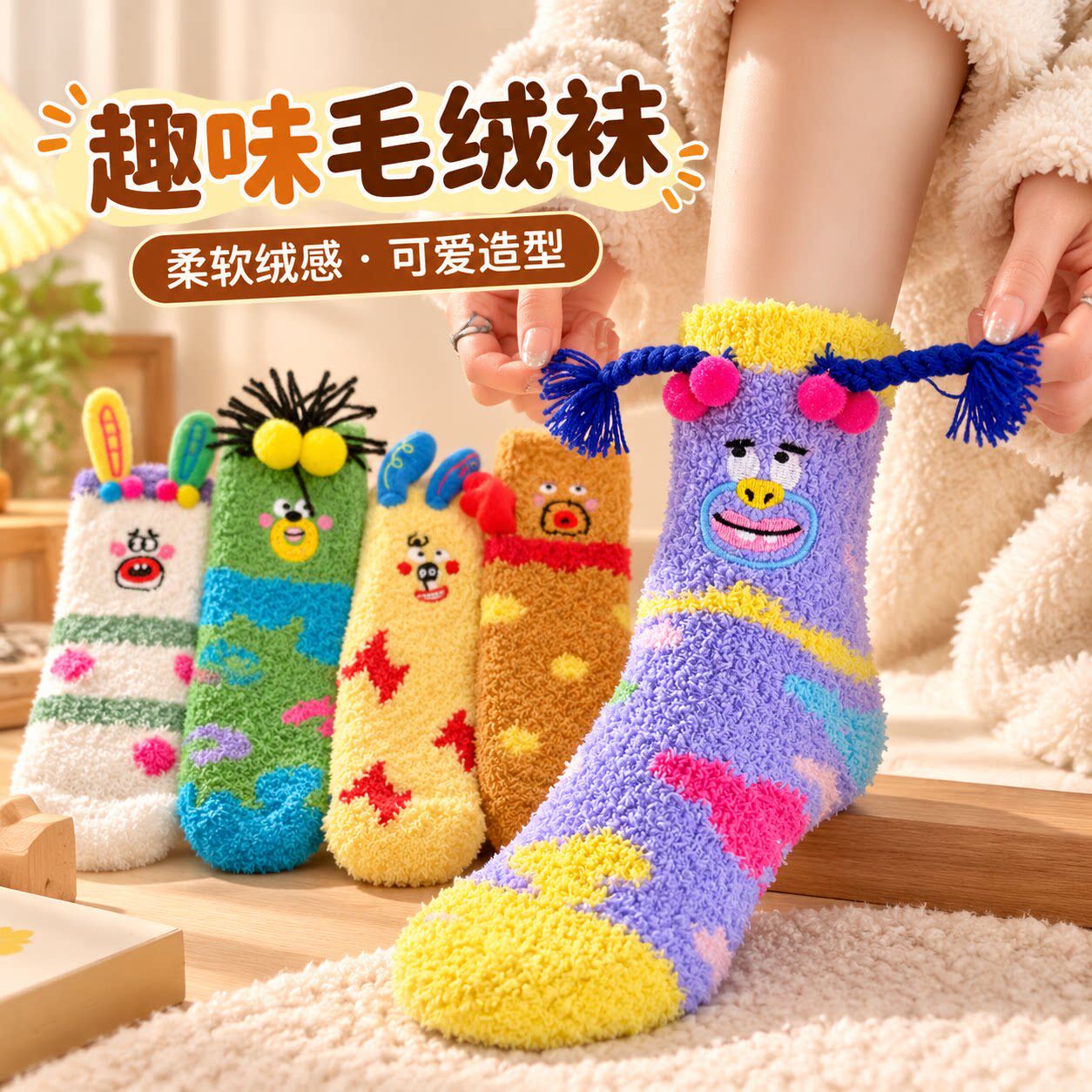 袜子珊瑚绒搞怪冬季加厚可爱卡通
