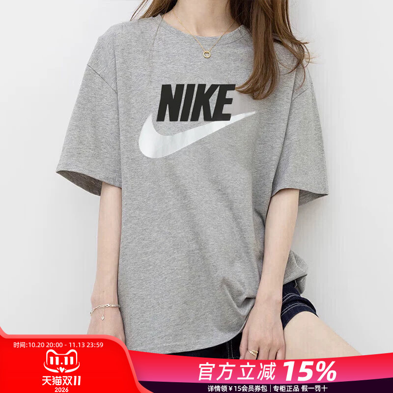 Nike耐克短袖女装夏季休闲半袖灰色纯棉透气运动服男装情侣款T恤