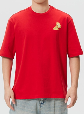 阿迪达斯男女同款2026马年红色新年款运动休闲宽松短袖T恤KR3078