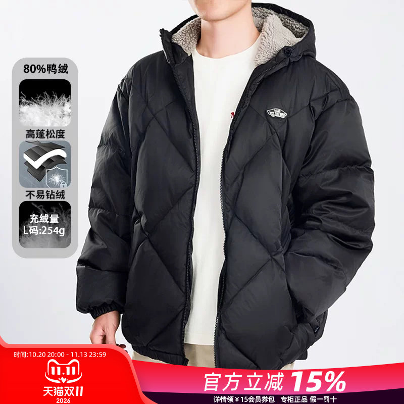 VANS范斯羽绒服男款正品秋冬运动休闲防风保暖连帽黑色面包服外套