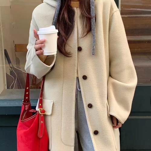 正品现货冬季韩国东大门Wood sage连帽苏力羊绒大衣外套