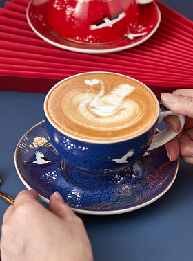 国潮文创中国风小精致卡布拿铁拉花咖啡杯套装故宫仙鹤杯子礼品