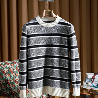 男士羊毛羊绒混纺加厚条纹毛衣
