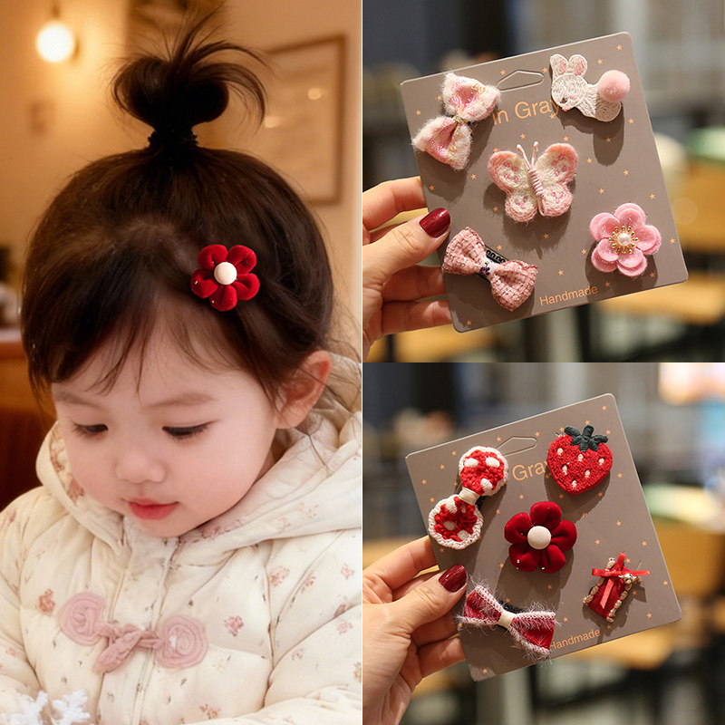 宝宝发夹红色蝴蝶结汗毛夹可爱婴幼儿可用发卡新年中国风女童头饰