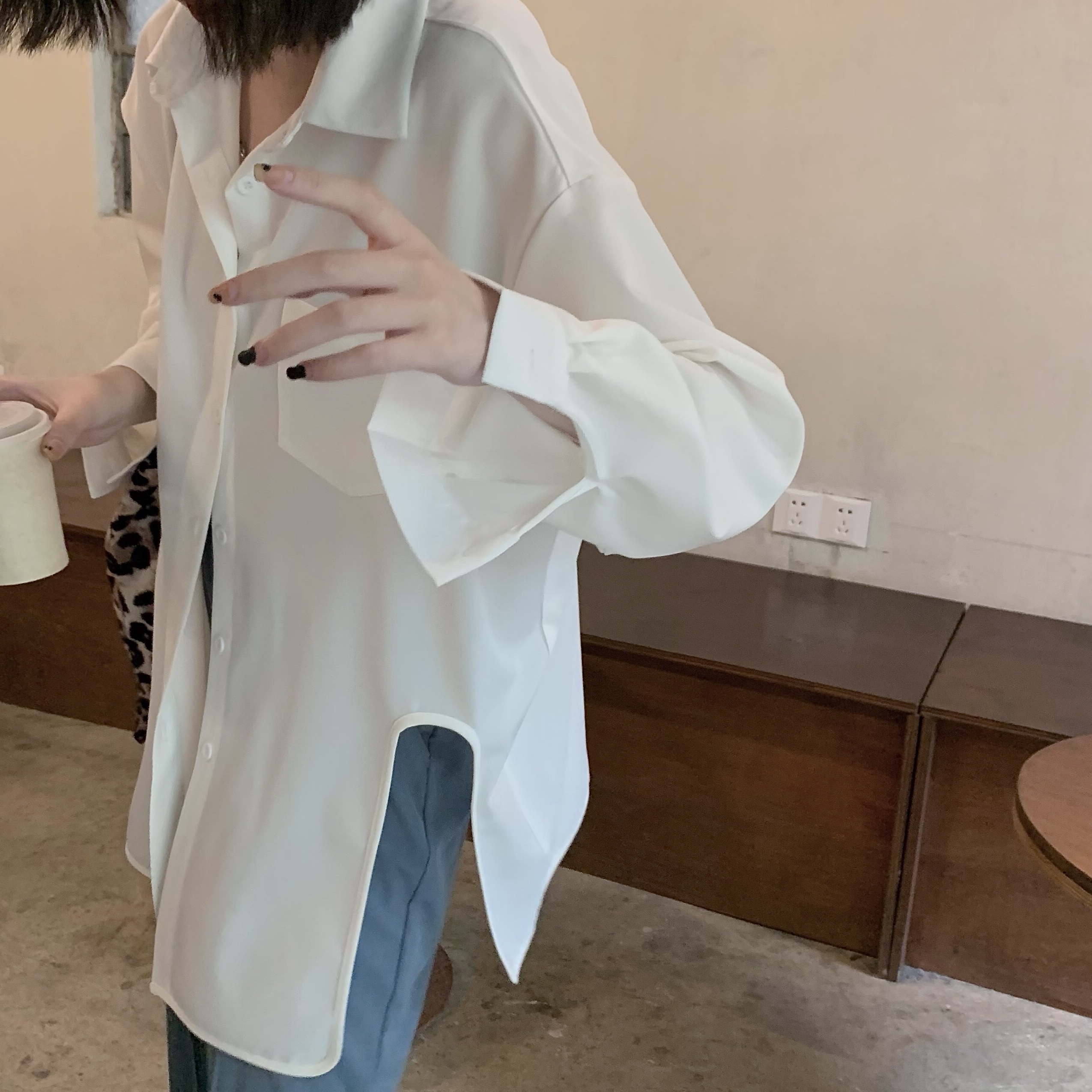 Real price pure clean wind side split careful machine loose top shirt girl