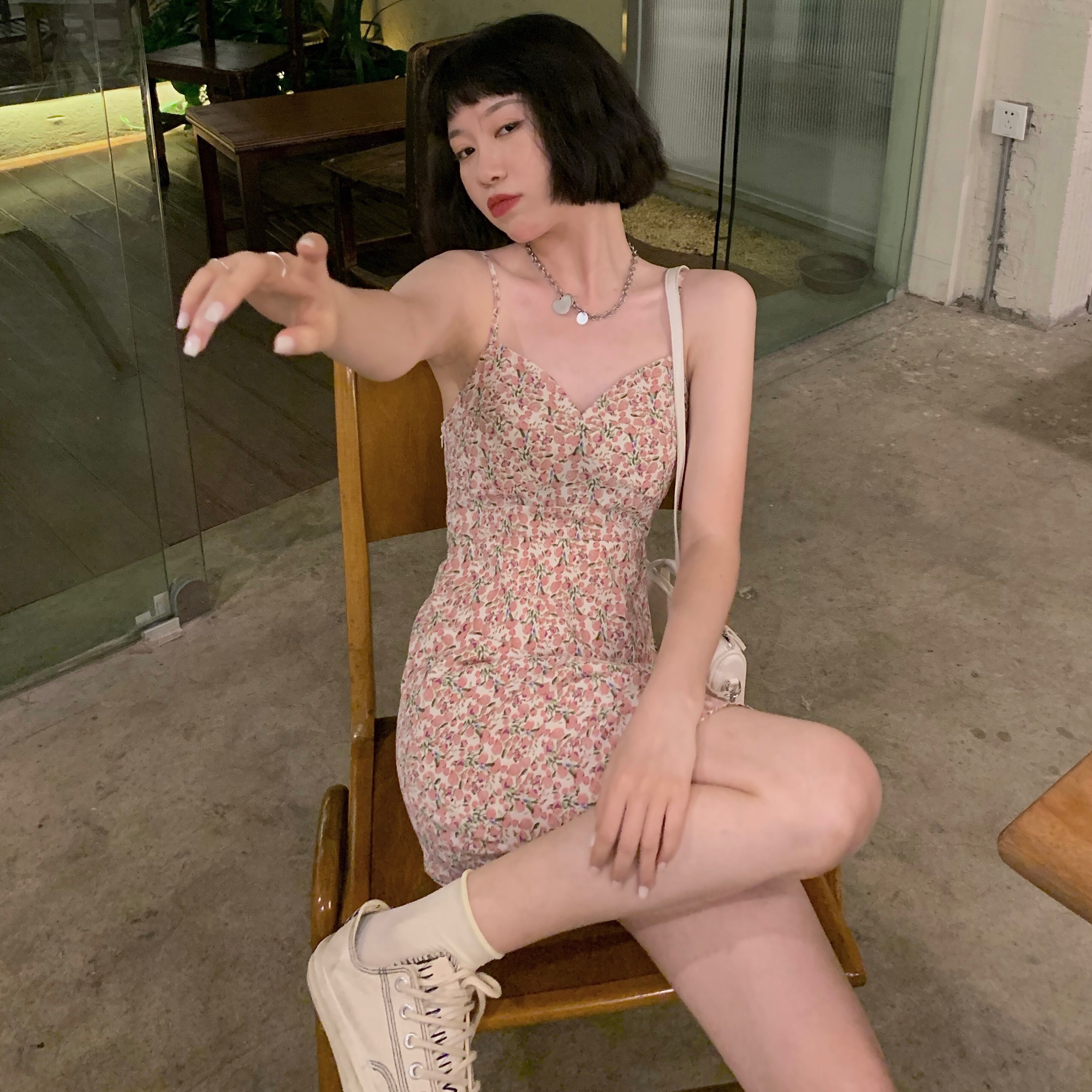 Real price spring and summer peach powder vest skirt floral suspender dress French sweet