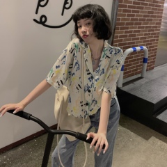 Real price summer Chiffon print color hand painted short sleeve shirt suit collar cardigan blouse
