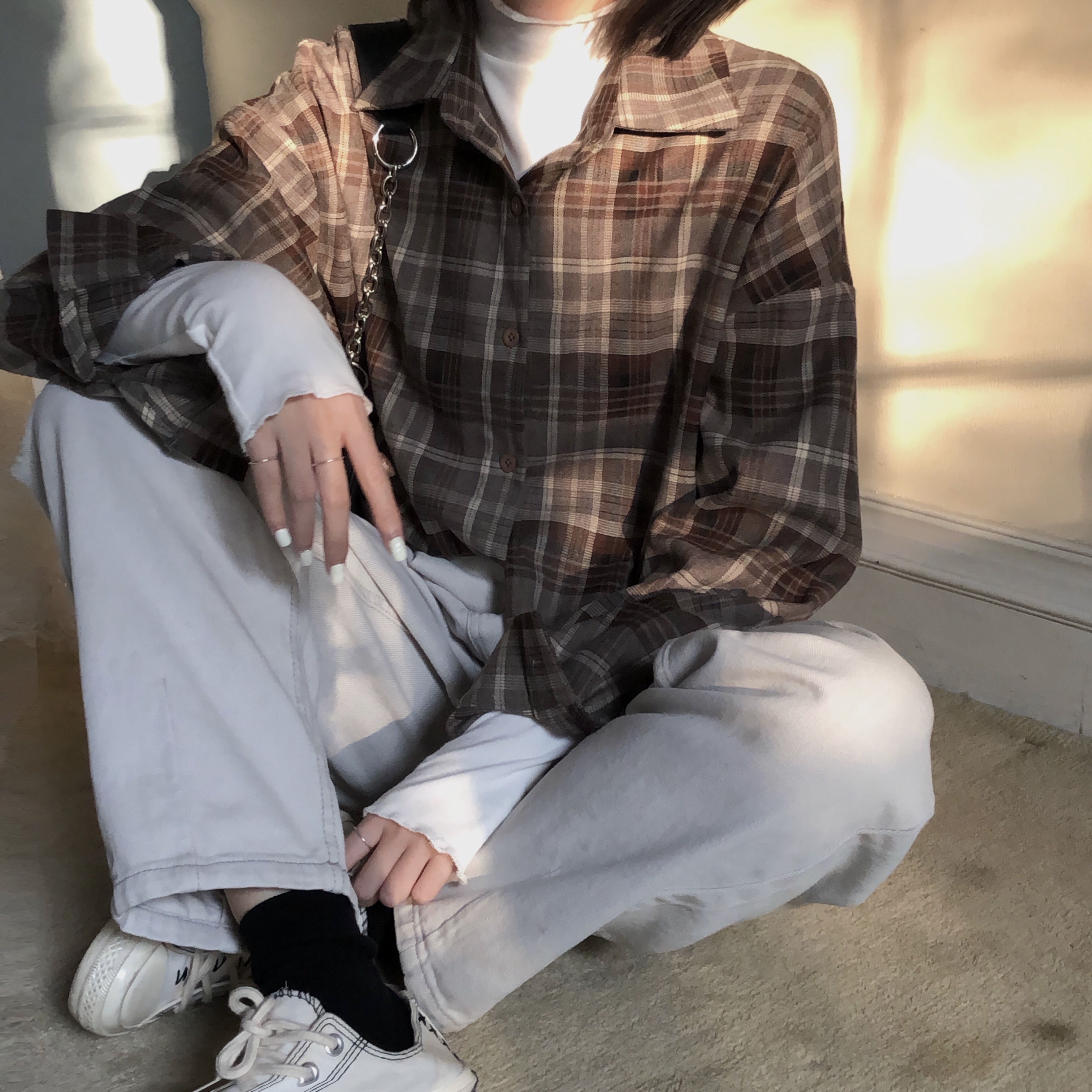 Real shot real price retro long sleeve frosted Plaid top single breasted cardigan coat shirt woman