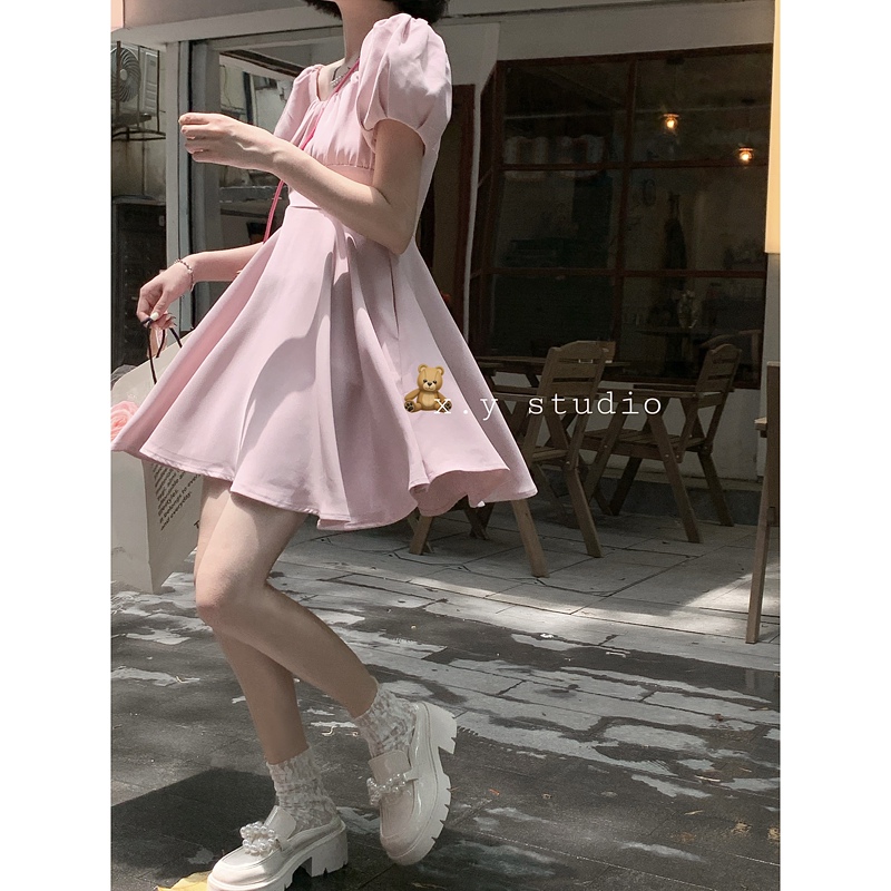 Real price high waist bubble sleeve A-line small black skirt women's summer close waist square neck large swing skirt Short Sleeve Dress