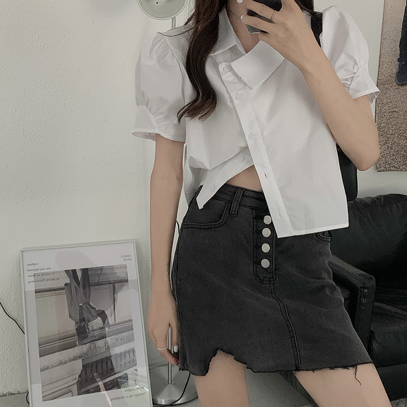 Real price solid color stand collar irregular oblique button short bubble sleeve top air short sleeve shirt