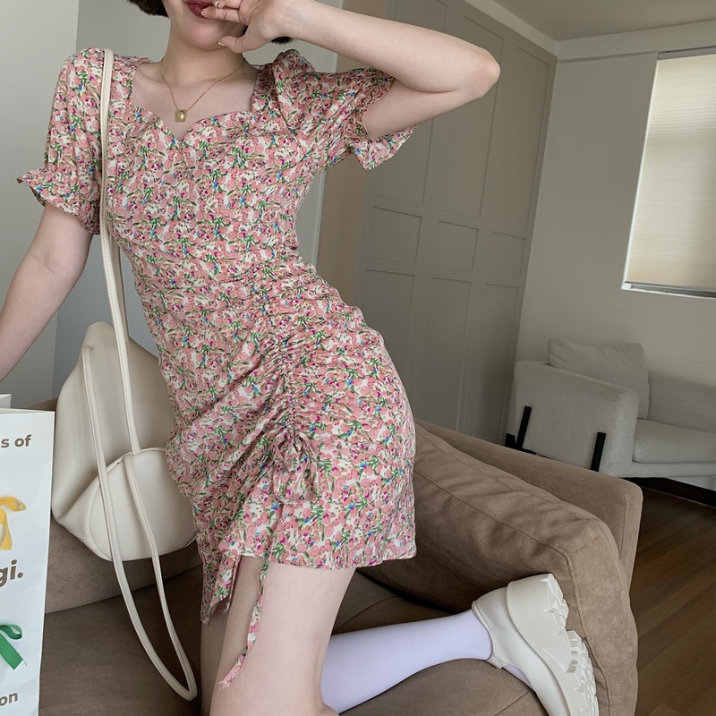 French soft bubble sleeve skirt casual pink floral dress women's summer