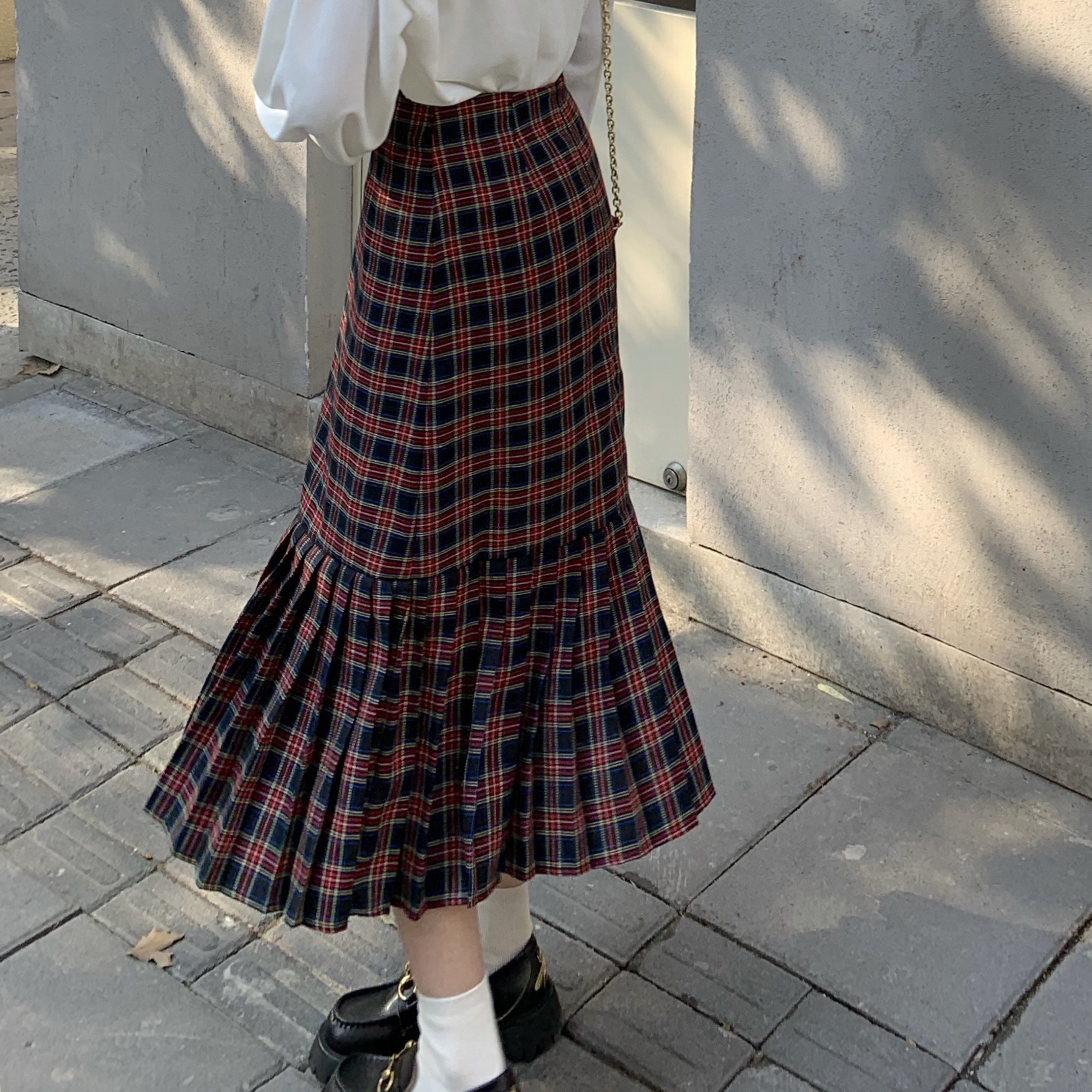 實拍實價 復古紅格子半身裙高腰顯瘦百褶裙長裙女