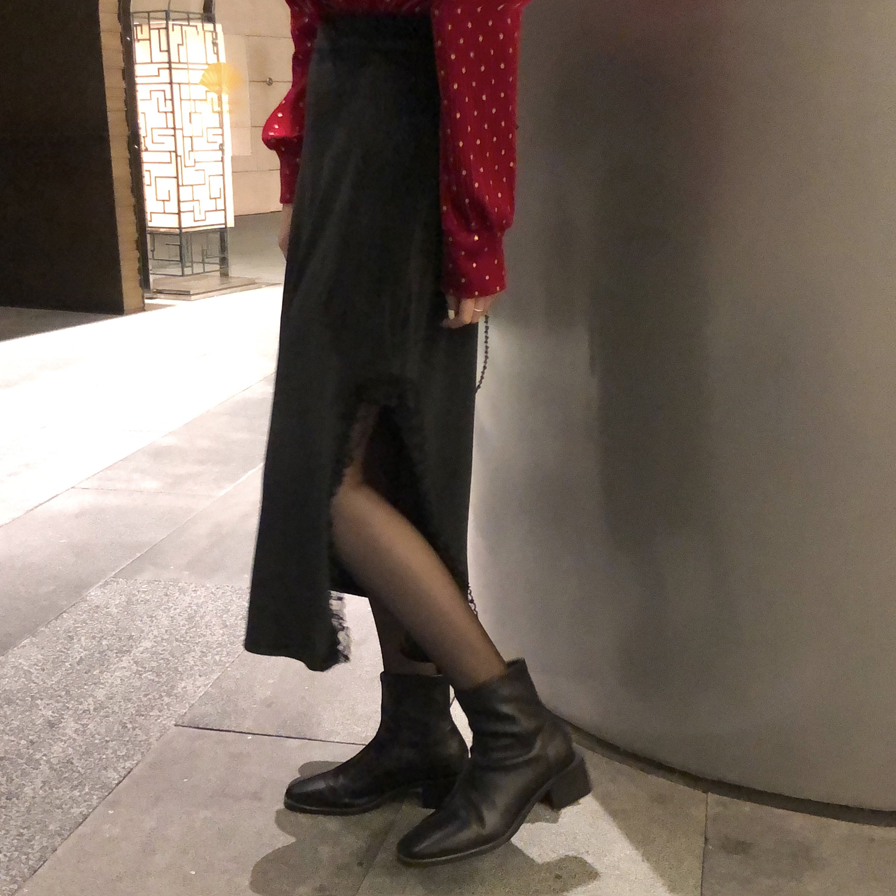 實拍實價 絲絨高腰開衩蕾絲花邊半身裙女