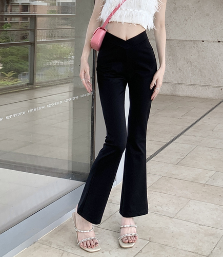 Actual shot of versatile black semi-elastic V-waist casual pants slim stretch micro-flared trousers for women