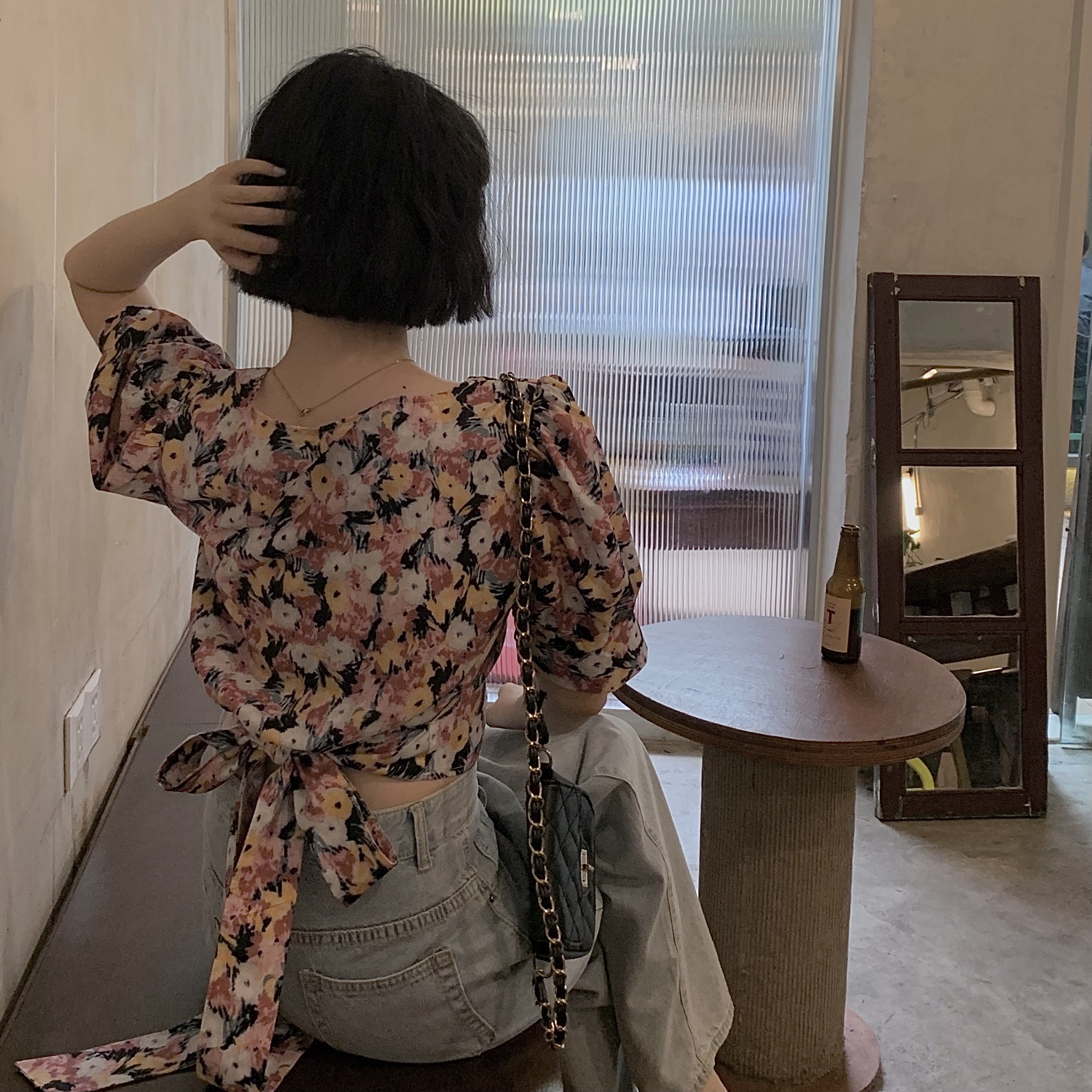 Real auction real price square collar color Chiffon Shirt Short Sleeve waist closing thin bandage jacket