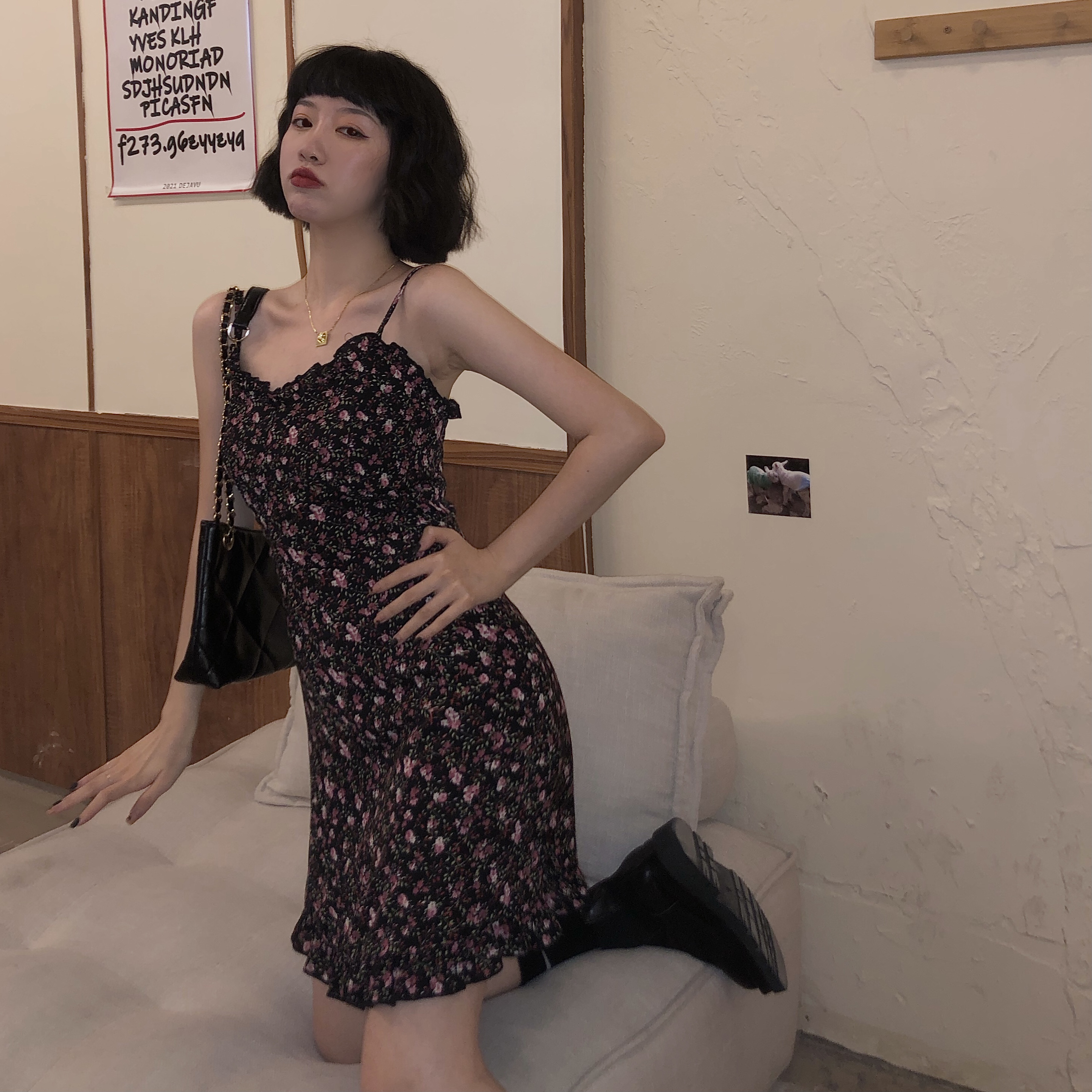 Real auction real price dress spring suspender floral skirt temperament skirt