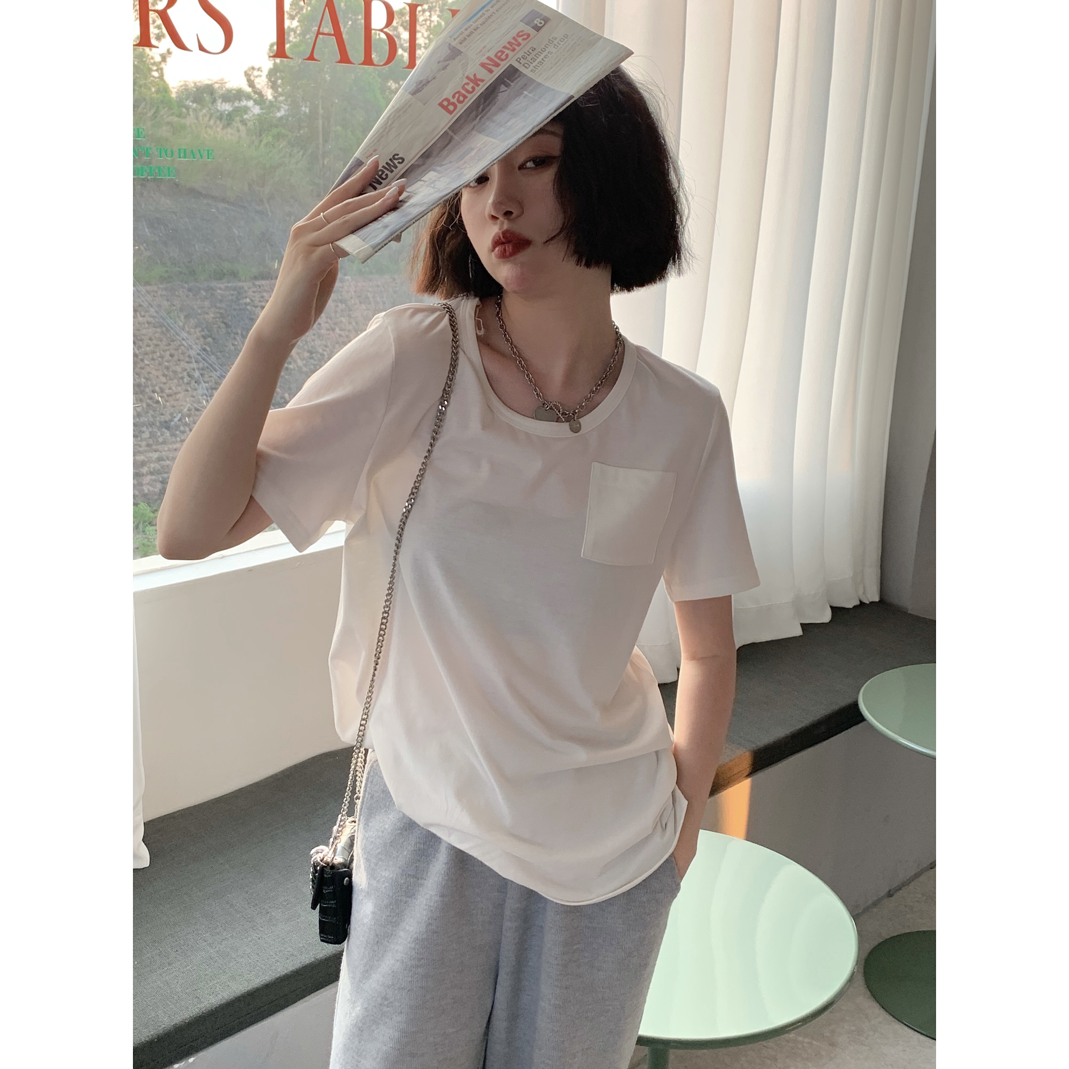 Real price B hemp white T-shirt women's summer short solid color top loose short sleeve bottom coat