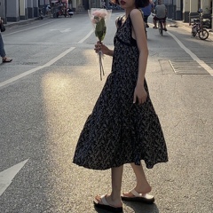 Real price summer Chiffon print suspender dress with lace stitching V-neck sexy slim dress