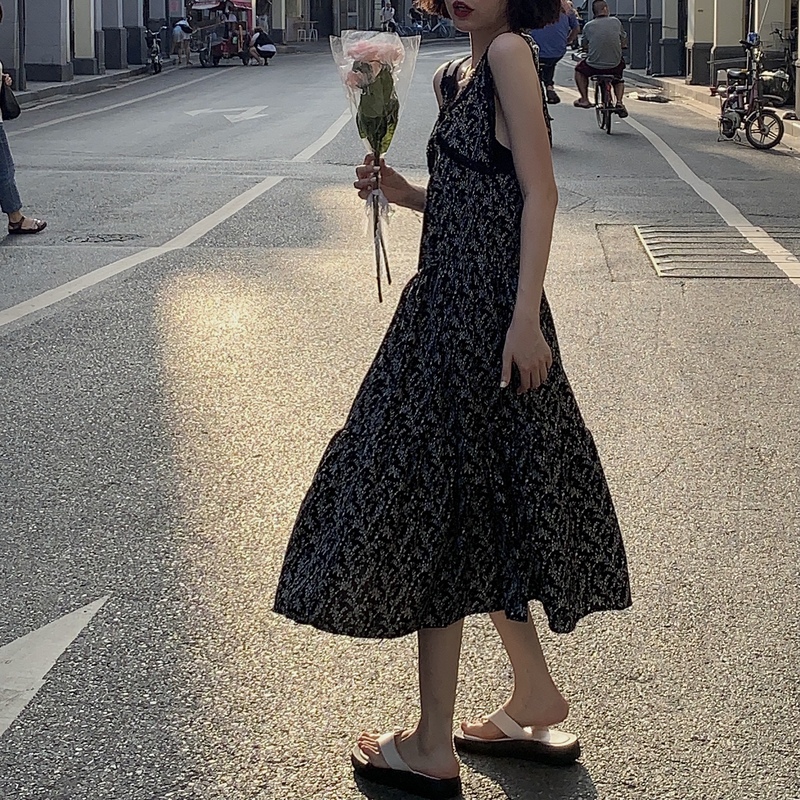 Real price summer Chiffon print suspender dress with lace stitching V-neck sexy slim dress