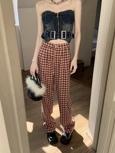 Real shooting real price versatile straight tube plaid pants women's high waist new leg length casual pants wide leg pants fashion