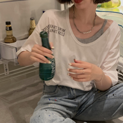 Real price round neck loose casual print short sleeve T-shirt women's solid color suspender fake two-piece top summer