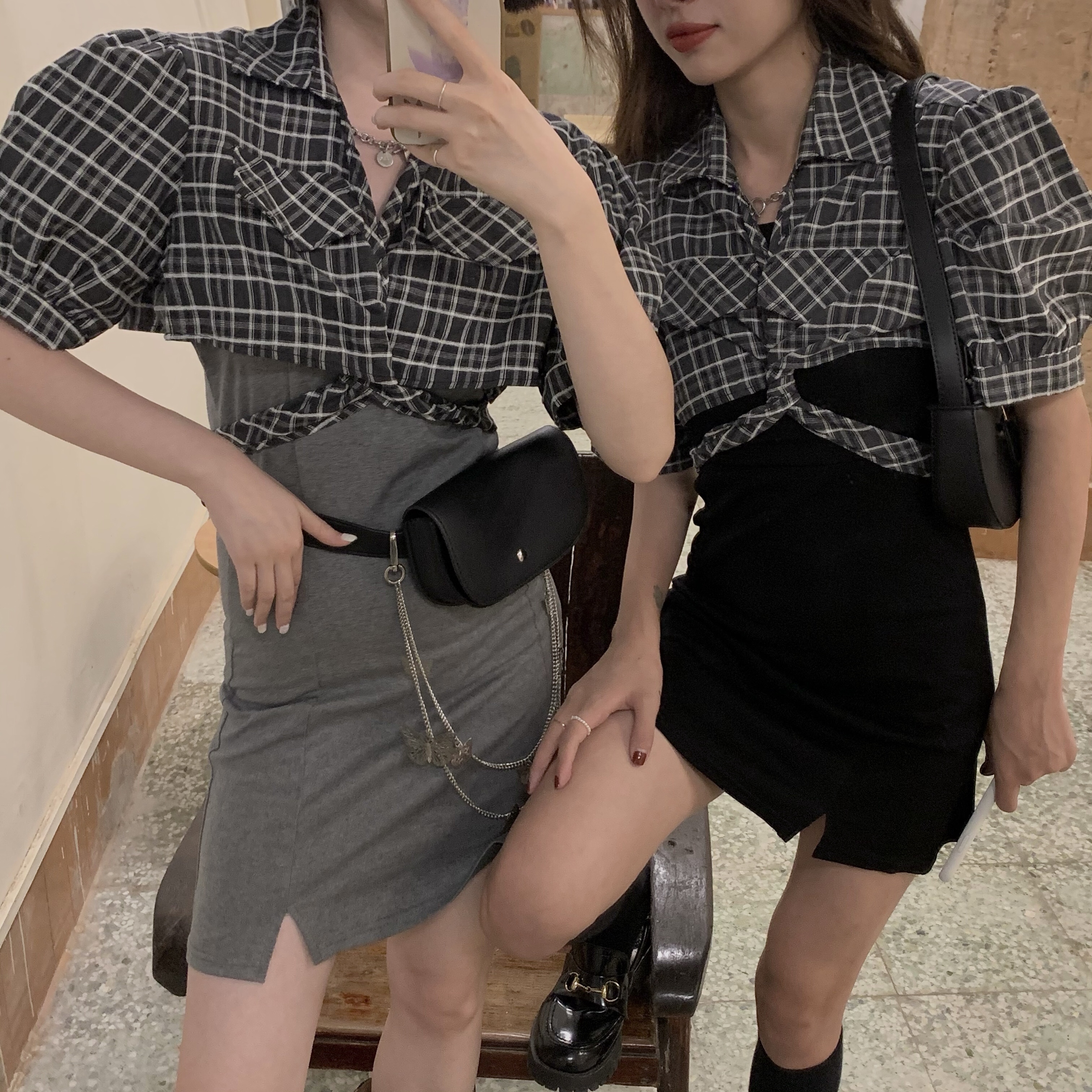 Real price summer short plaid tie shirt + slim knit suspender dress