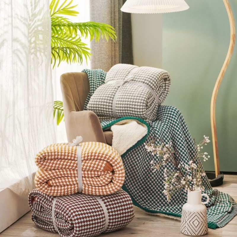 网红北欧秋冬双层加羊羔绒针织毛线毯子保暖床单办公室沙发盖披毯