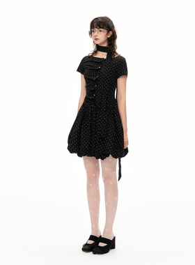 Romance Nanci 黑色波点压褶连衣裙夏季甜美少女感花苞裙