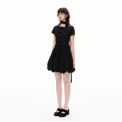 Romance Nanci 黑色波点压褶连衣裙夏季甜美少女感花苞裙