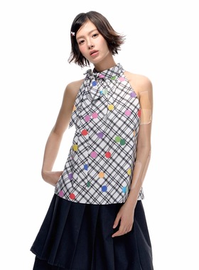 Romance Nanci 活力彩色波点挂脖上衣度假风无袖格纹飘带上衣