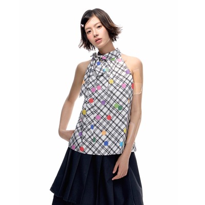 Romance Nanci 活力彩色波点挂脖上衣度假风无袖格纹飘带上衣