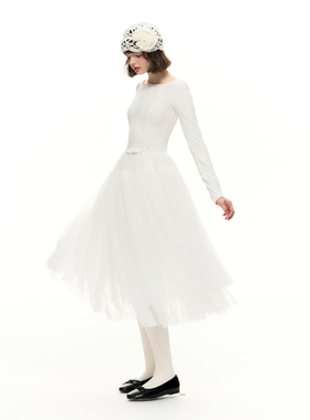 Romance Nanci 一字领甜美蕾丝蓬蓬纱裙秋冬显瘦长袖打底连衣裙