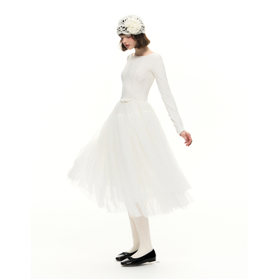 Romance Nanci 一字领甜美蕾丝蓬蓬纱裙秋冬显瘦长袖打底连衣裙