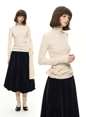 Romance Nanci 燕麦色绑带设计堆堆领长袖针织打底衫