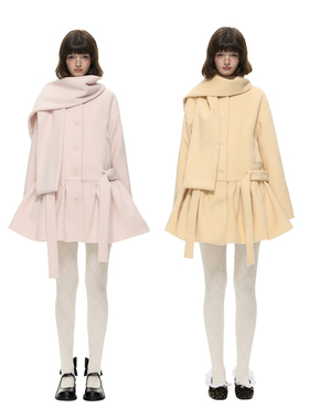 Romance Nanci 甜美腰带设计呢子大衣秋冬可拆卸毛呢围巾外套