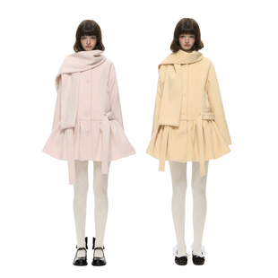 Romance 甜美腰带设计呢子大衣秋冬可拆卸毛呢围巾外套 Nanci