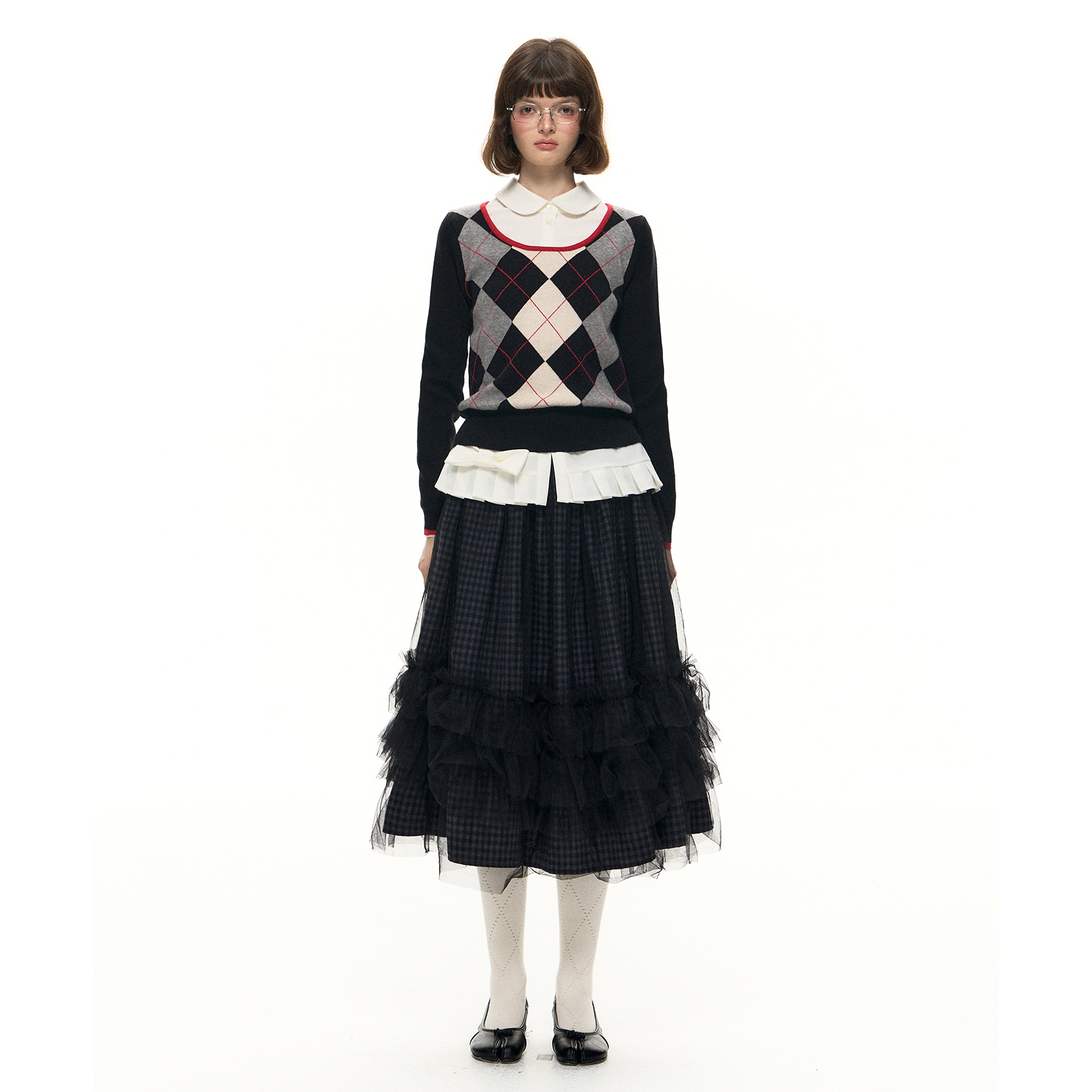 Romance Nanci 学院风秋冬菱格纹U领撞色长袖针织套头毛衣