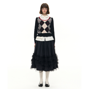 针织套头毛衣 学院风秋冬菱格纹U领撞色长袖 Romance Nanci