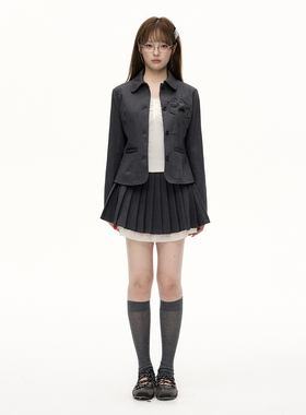 Romance Nanci 灰色扭结设计感日漫少女学院风西装外套百褶裙套装
