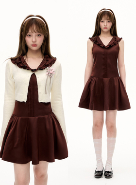 Romance Nanci 栗子可可色花边翻领连衣裙秋季A字无袖背心裙