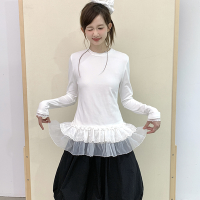 甜美百搭长袖蕾丝花边叠穿打底衫