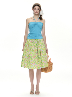 RomanceNanci 蓝色串珠挂脖吊带上衣夏季修身显瘦度假感抹胸